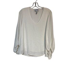 Joseph Ribkoff White V-Neck Blouse With Ruched Sleeves Size 4